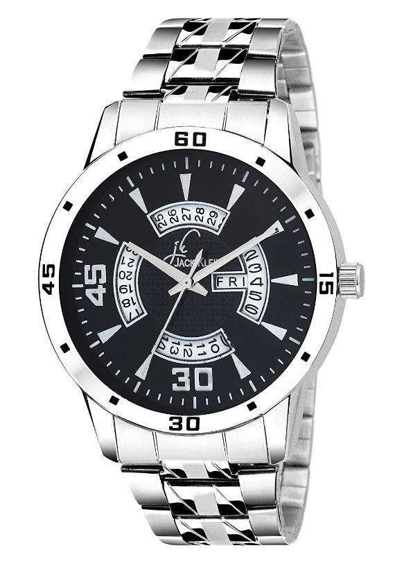 Trendy Black Dial Silver Chain Day And Date Working Analog Watch